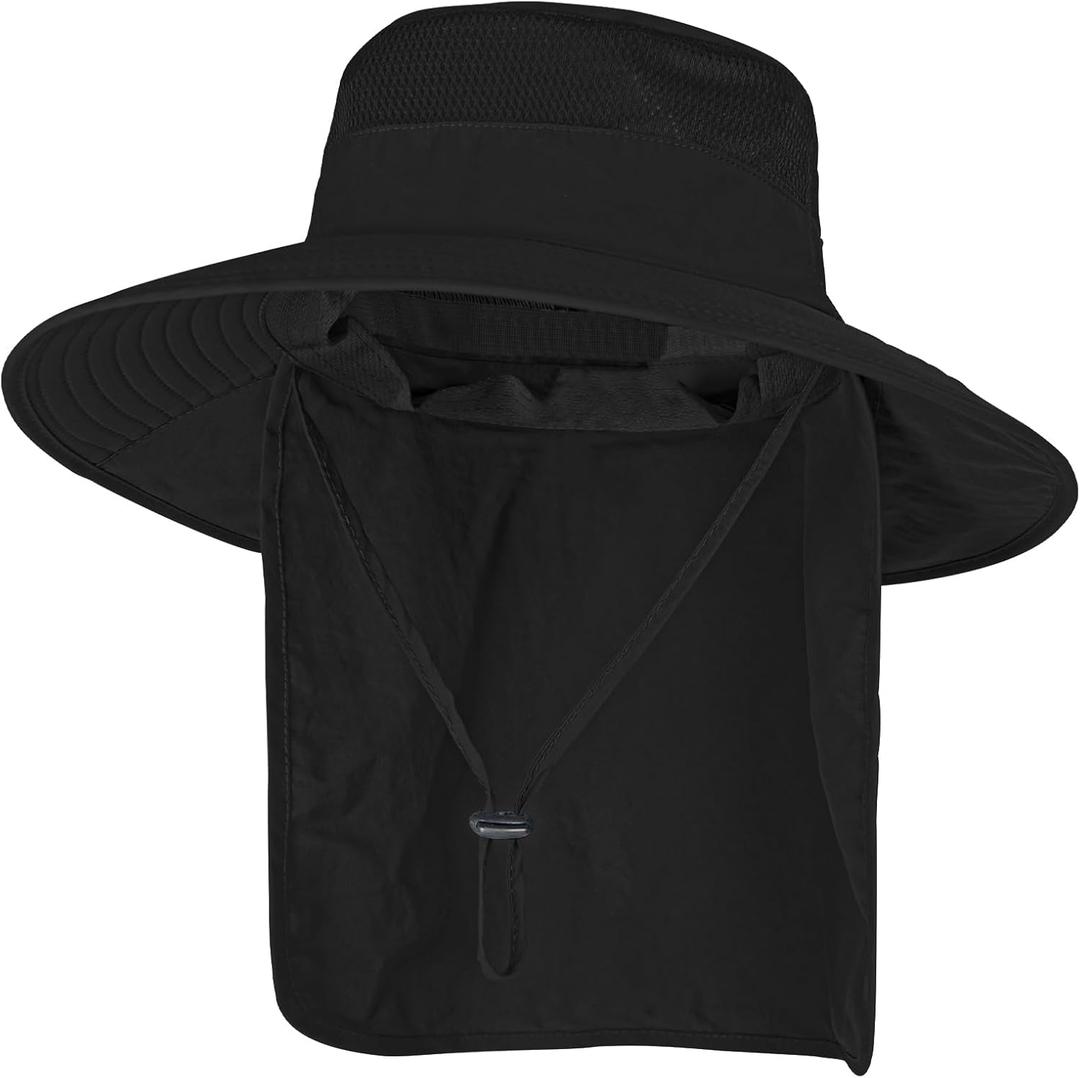 Sun Hats for Men Women Fishing Hat UPF 50+ Breathable Wide Brim Bucket Hats Summer UV Protection Safari Hat with Neck Flap (Black)