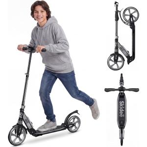 Skidee Kick Scooter for Kids Ages 6+ - Adjustable Handlebar Up to 41" High, Large Wheels, Anti-Shock Suspension - Foldable, Lightweight Scooters for Kids, Teens & Adults, Max Load 220 Lbs,Black & Silver