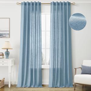 Blue Semi Sheer Curtains 84 Inches Long for Living Room Textured Linen Blended Light Filtering Window Curtains Back Tab Rod Pocket Drapes with Hooks 2 Panels Aesthetic Decor 40x84