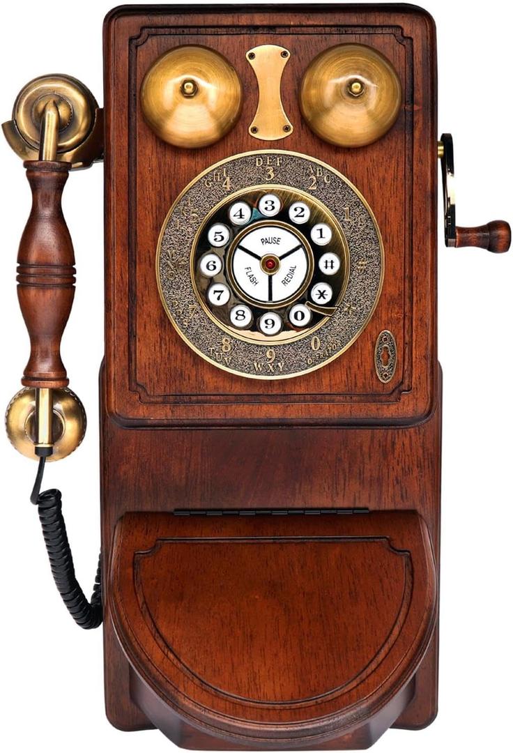 Pyle Vintage Classic Wall-Mount Corded Phone  Retro Design with Crank Handle, Tone/Pulse Switch, Redial Function, Handcrafted Wood & Veneer, Antique Landline Telephone