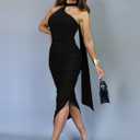 DAAWENXI Women's Sexy Sleeveless Ruched Slit Midi Dress Halter Mesh Bodycon Party Club Dresses