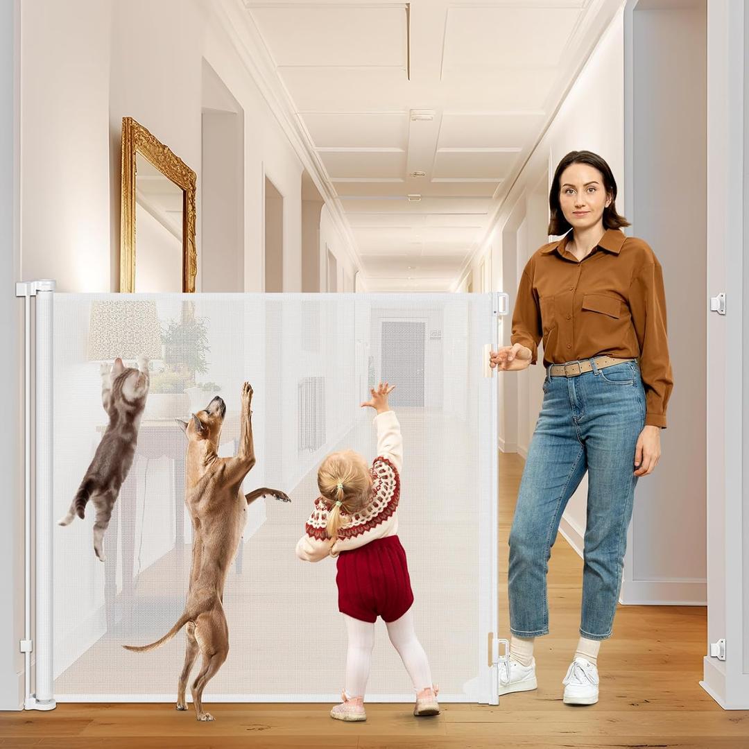 48" Tall Baby Gate for Doorway Retractable Baby Gate No Bottom Bar 4 Ft Extra Tall Gates for Cats 85" Wide Anti-Scratch Mesh Gates for Kids or Pets Prevent Dogs and Cats from Jumping Over, White