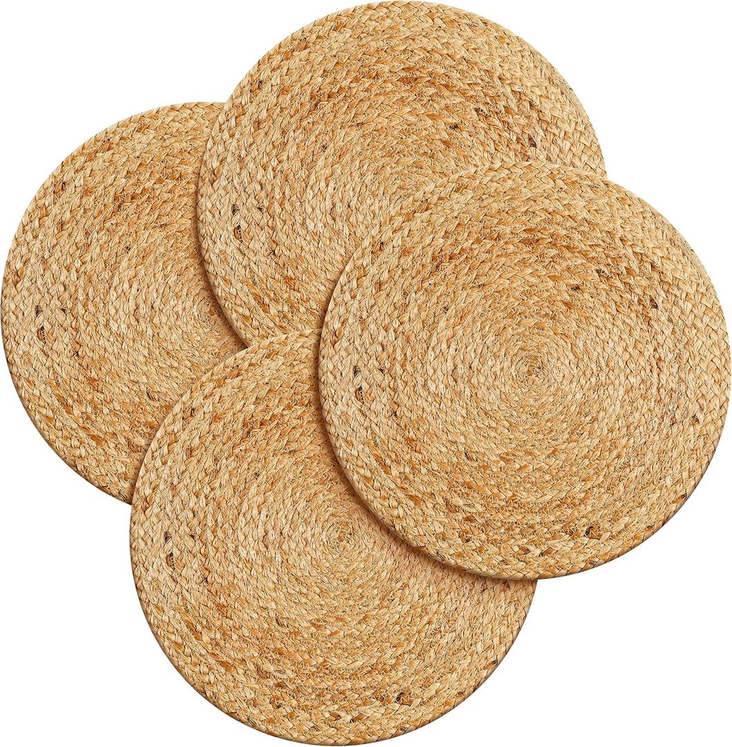 Hausattire Jute Braided Placemats 14 Inches Round Set of 4 Reversible Handwoven Boho Vintage Placemats for Kitchen Dining Tables|BBQ's Farmhouse Easter Decor Indoor & Outdoor Parties|Natural