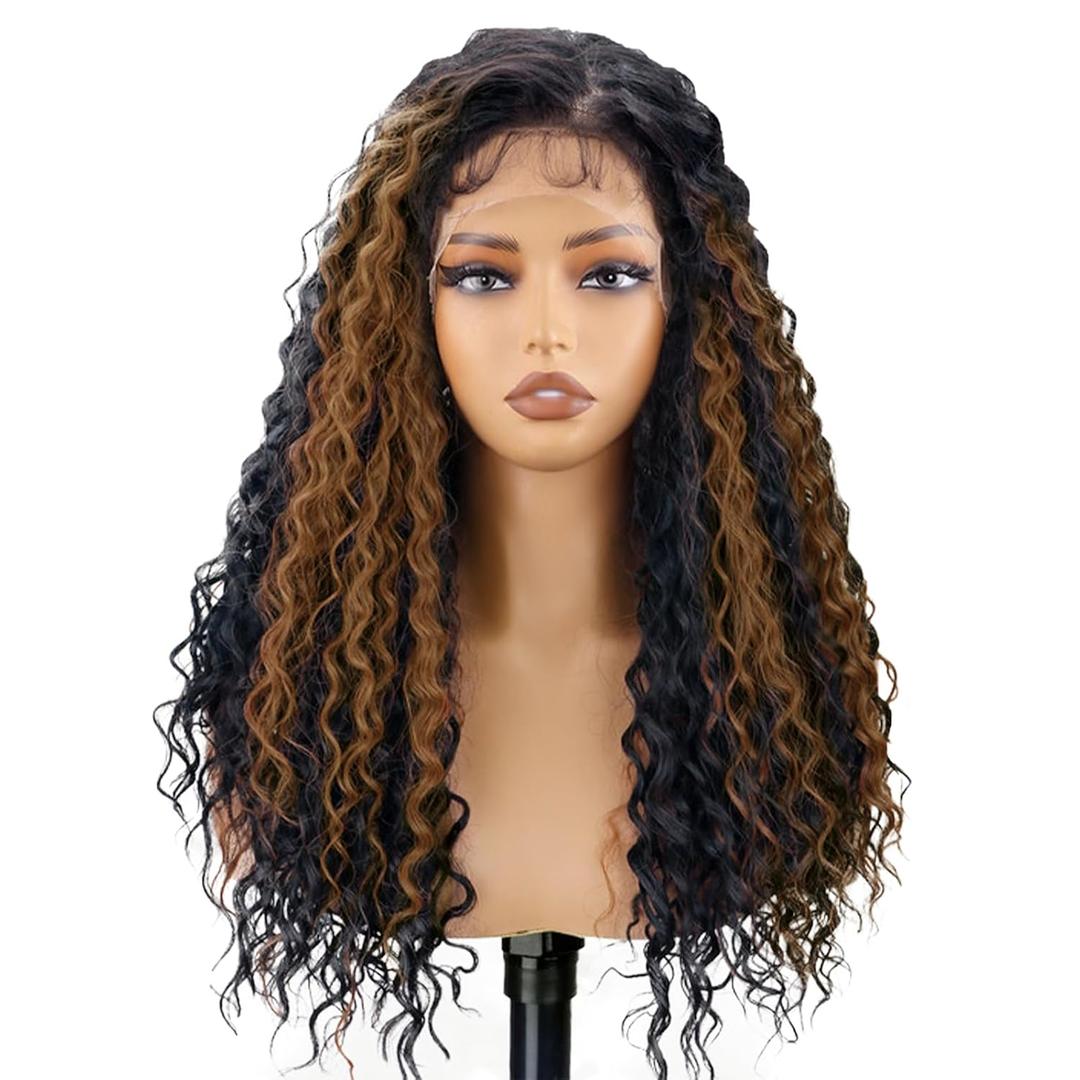 forfeels Curly Brown Highlight Wig 13x4 Synthetic Lace Front Wig 24 Inch Curly Wavy Black Mixed Brown Highlight Wigs for Women Daily Party Use