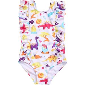 LIZENS Girls One Piece Hawaiian Ruffle Swimsuit - Beachwear Bathing Suit for Kids (White), Size 6-7T 