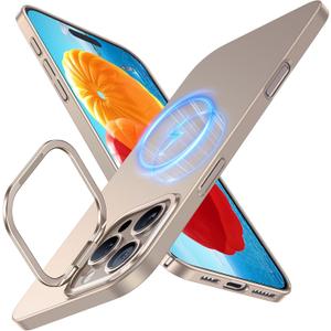 TORRAS Magnetic Slim Fit Case for iPhone 16 Pro with Stand, Compatible with MagSafe, Built-in Stash Stand, Ultra Thin, Anti-Scratch Matte Hard Phone Case 6.3 inch, Desert Titanium Gold