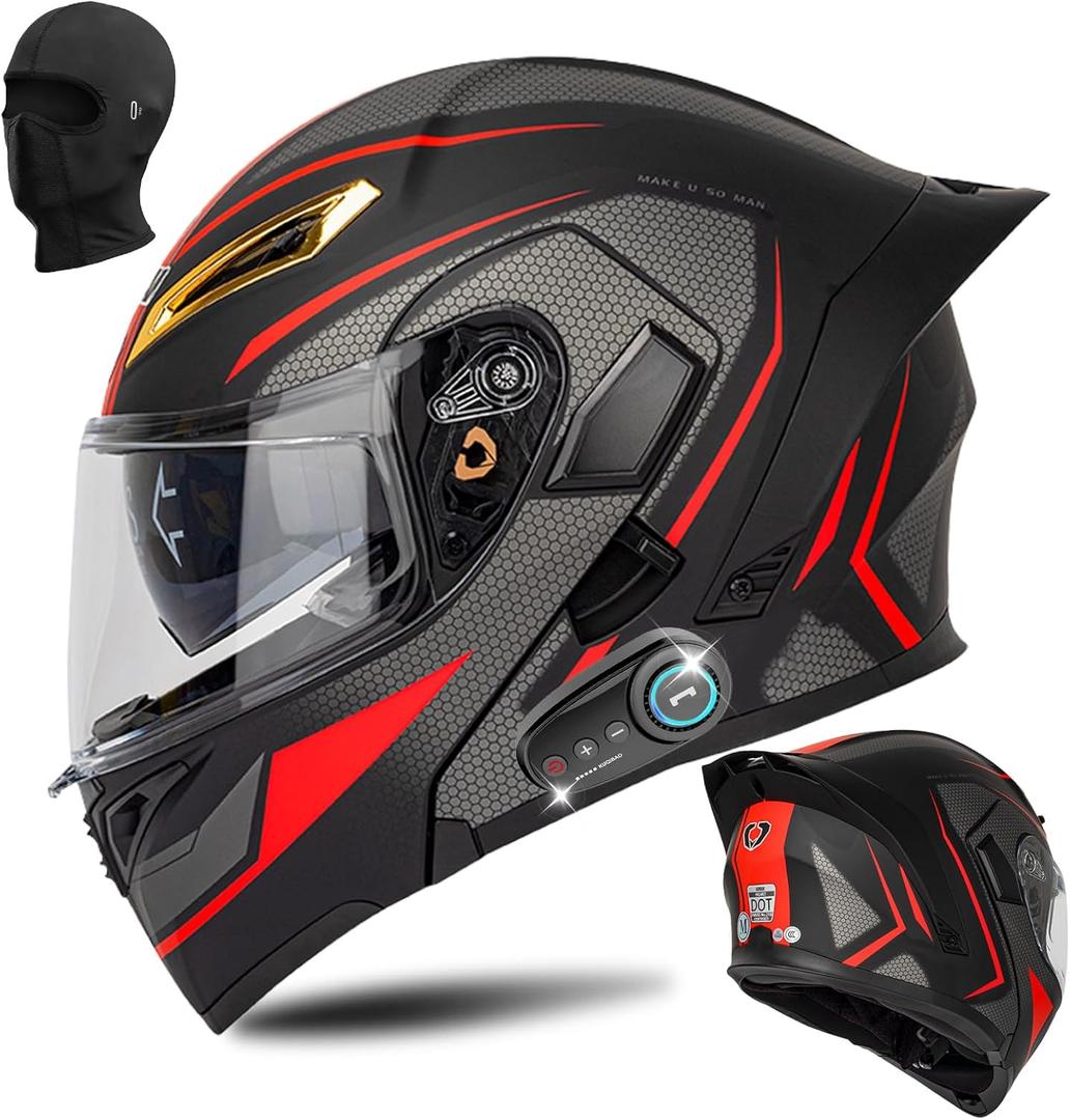 Bluetooth Modular Motorcycle Helmet DOT Certified Flip Up Full Face Integrated Anti-Fog Dual Mask Helmet Street Motorcycle Helmet Built-in Dual Speaker Microphone for Adults, Men & Women