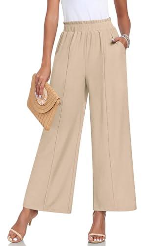 Anyally Womens Loose Wide Leg Pants Business Casual Elastic Waisted Palazzo Harem Pants with Pockets Work Trousers, XL Khaki
