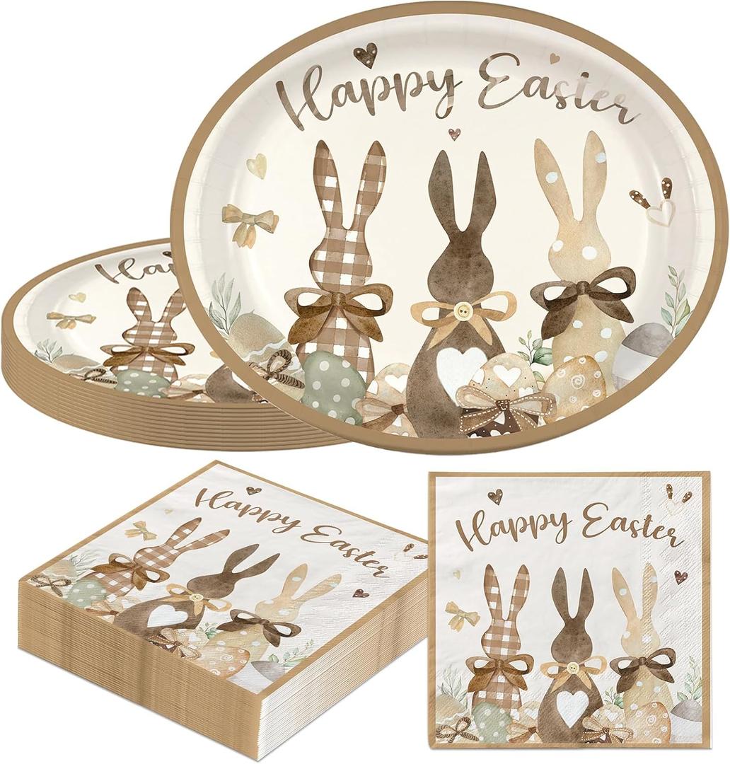 2 x 100Pcs Easter Bunny Paper Plates and Napkins Set,Floral Party Supplies for Kids Birthday and Easter Parties,Includes Woodland Plates,Bunny Napkins,Some Bunny is One Kids Spring Tea Party Decorations