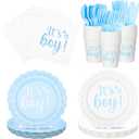 Qinyoung 218 Pcs Baby Shower Plates and Napkin Set Serve 24 Baby Boy Shower Decorations Set Includes Blue Boy Paper Plates Napkins Cups Cutlery for Gender Reveal Birthday Party
