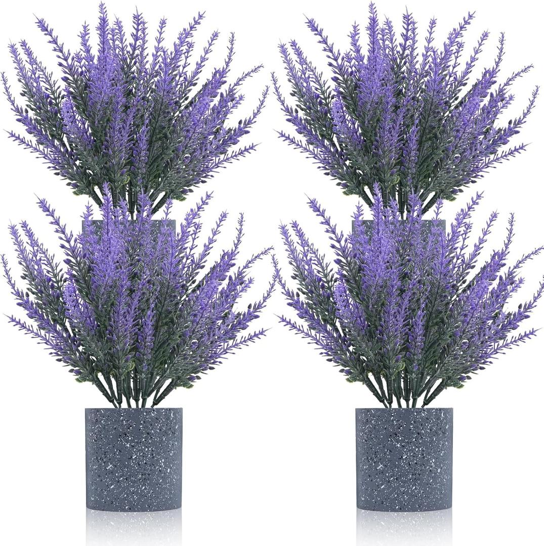 Fake Plants Lavender- 4 Pack Small Artificial Plants Indoor Faux Potted Lavender Flower Purple Rustic Decor for Home Bathroom Bedroom Windowsill Kitchen Shelf Office Coffee Table Centerpiece