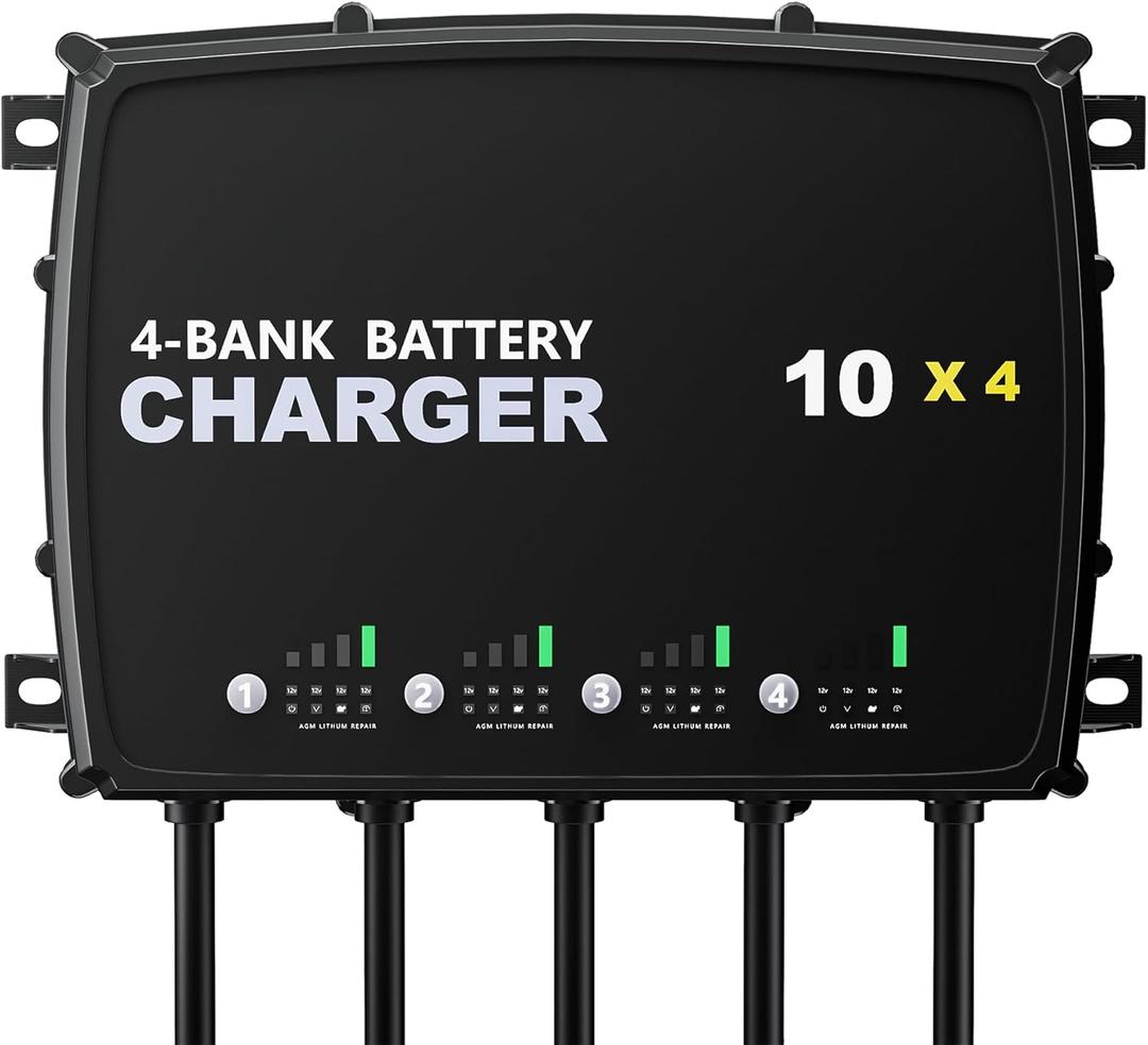 4-Bank Marine Battery Charger - 40a (10a/Bank) 12v Four Modes Waterproof Boat Battery Charger for Agm, Lifepo4 and Deep-Cycle Batteries