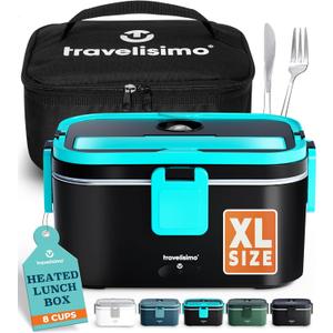 TRAVELISIMO Extra-Large Electric Lunch Box For Adults Holds up to 8 Cups - 80W Heated Lunch Box For Men 1.8L, Portable Food Warmer for Travel & Work, Loncheras Electricas Para Calentar Almuerzo (Neon Blue)