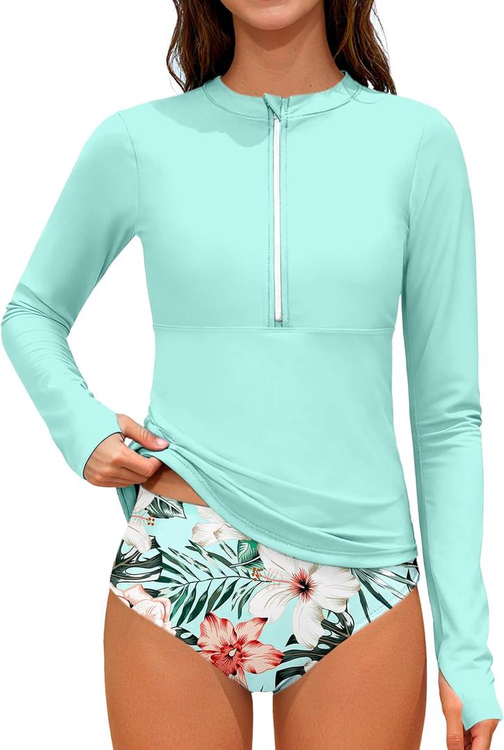 Girls Rash Guard Swimsuit Half-Zip Long Sleeve Modest Bathing Suit with Chest Padding 2Pcs Teen Girl Swimwear UPF 50+ (Blue, S)
