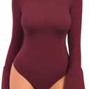 MANGOPOP Bell Sleeve Mock Neck Long Sleeve Bodysuit for Going Out Tops for Women (Large, Burgundy)