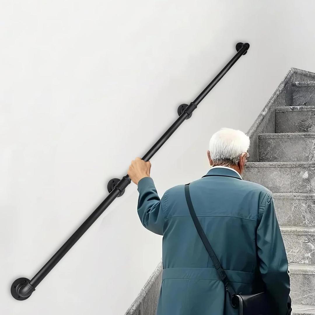 12FT Industrial Pipe Stair Railings Indoor, Hand Rails for Indoor Stairs, Wall Mounted Stair Handrail for Outdoor Steps, Heavy Duty Support Black Stair Railing for Loft Porch Deck(3 Section)