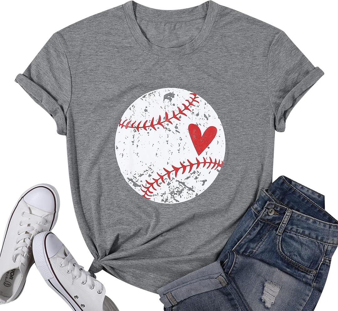 Baseball Shirt Women Baseball Heart Tee Shirts Baseball Mom Tshirt Game Day Casual Crew Neck Short Sleeve Tops (Medium, Grey)