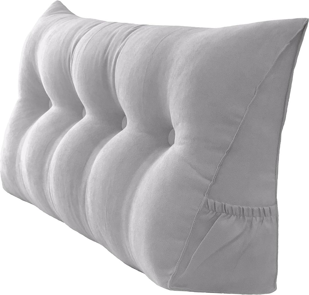 Triangular Reading Bed Rest Pillow Large Bolster Cushion Headboard Backrest Wedge Pillow with Removable Cover and Two Large Side Pockets (Chalk Grey, 47 x 8 x 20 inches)