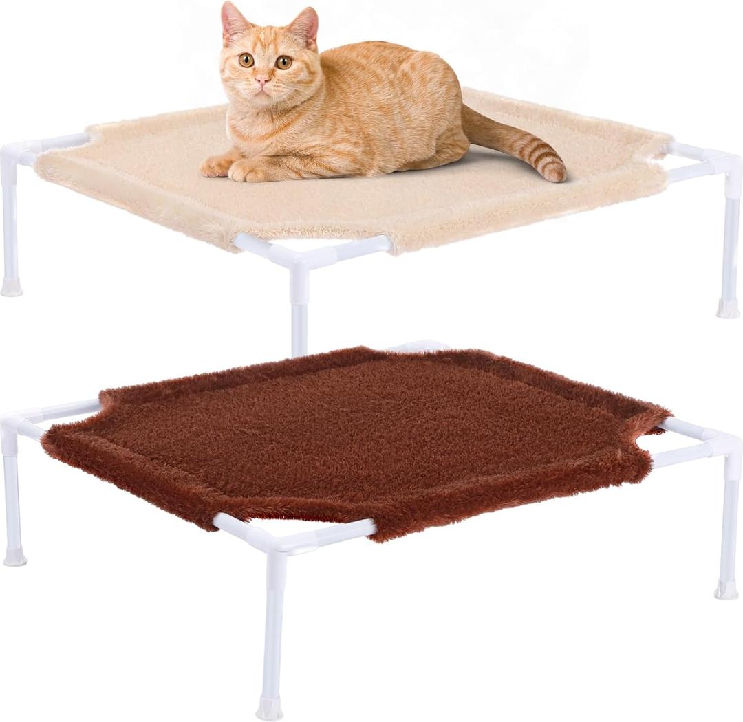 Thyle 2 Pack Elevated Cat Hammock Bed, 18 x 20 Inch Cat Hammock for Floor Metal Fluffy Warm Bed with Detachable Pad, Machine Washable & Breathable Cover for Large Indoor Cats, Kittens, Small Dogs