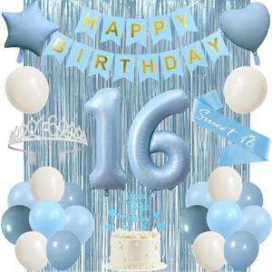 Trgowaul Sweet 16th Birthday Decorations for Girls, Light Blue 16th Birthday Party Supplies, Banner, Sash and Crown, Cake Topper, 16 Number Balloon, Fringe Curtains, 16 Years Old Party Decorations Kit