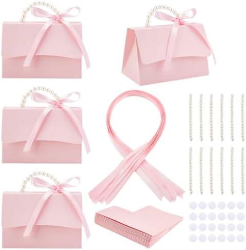 BENECREAT 12 Sets Wedding Favors Box DIY Set, Pink Kraft Paper Box with Pearl Handle, Ribbons, Stickers, Gift Boxes for Birthday, Party Favor, Boutique, Wedding and Anniversary