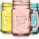 Glaver's Mason Jar Drinking Glasses Set Of 4, 15 oz. Colored Mugs With Embossed Ice-Cold Drinkware Logo, Glass Mason Jar Mug With Handle. For Smoothies, Cocktails, Beverages. Hand Wash
