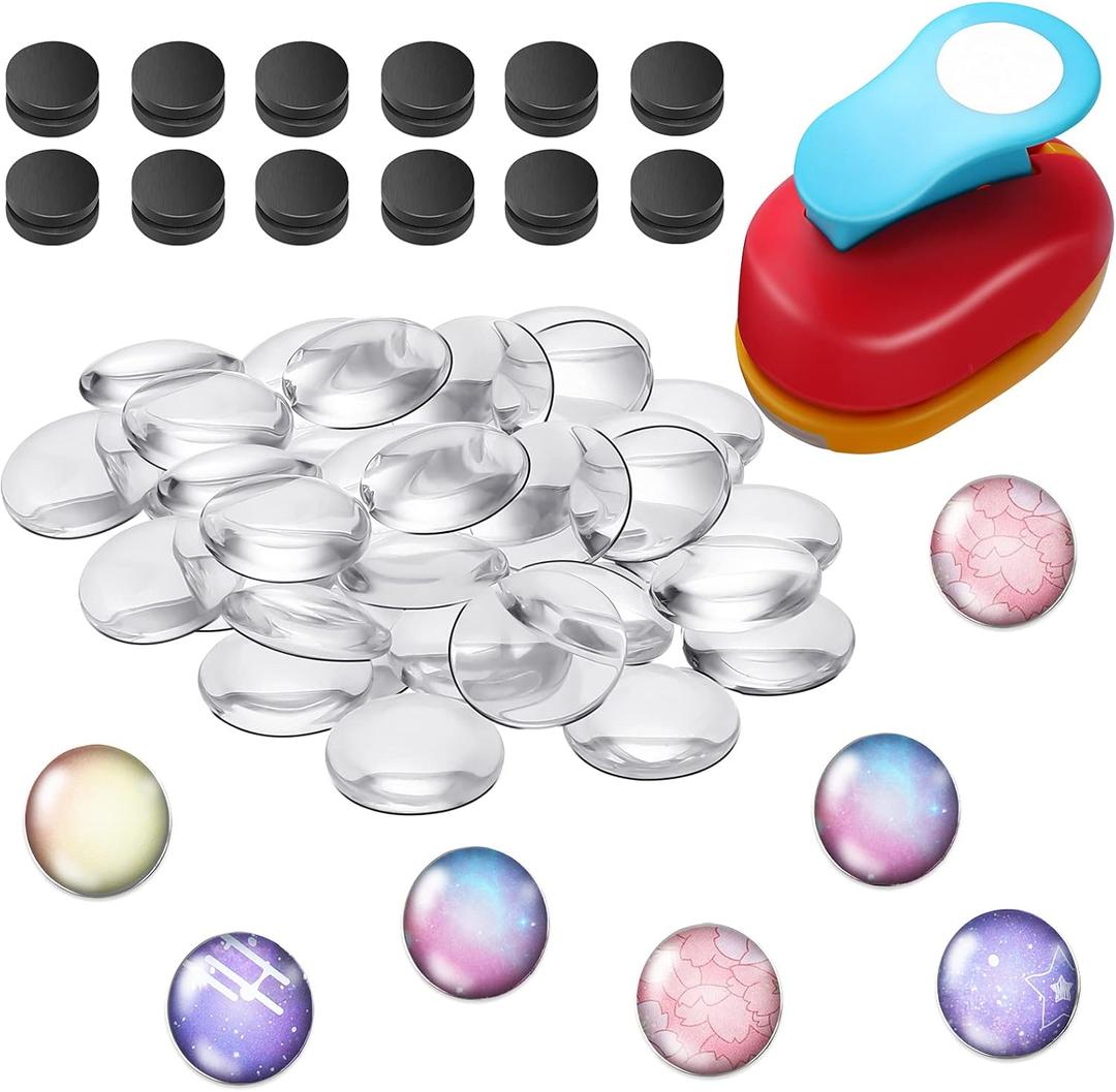 Colzzy 41 Pieces DIY Magnets for Fridge Clear Glass Round Magnets Kit for Crafts Include 1 Inch Paper Punches for Decorative Craft DIY Refrigerator Office Whiteboard Making