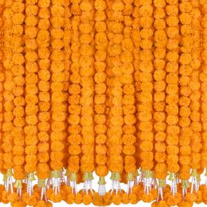 6 Pcs 5 Ft Artificial Marigold Flowers Garland, Dia de Los Muertos Faux Garlands Diwali Decoration with Pendant Bell for Indian American Wedding Party Mantle Decor (Orange)
