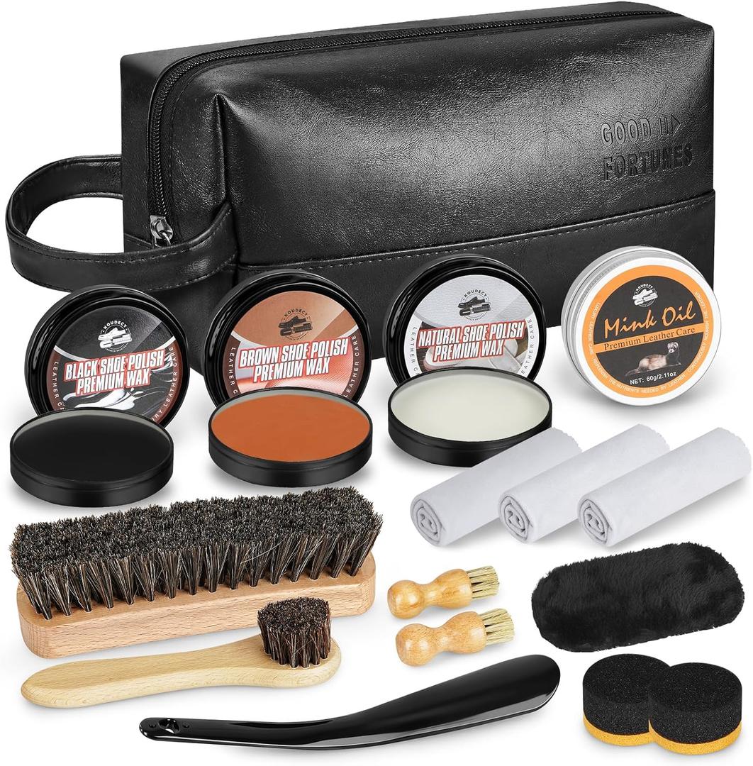 Shoe Shine Kit for Men & Women, 16Pcs Black Shoe Polish Kit for Leather Boots Care, Mens Gifts Ideas