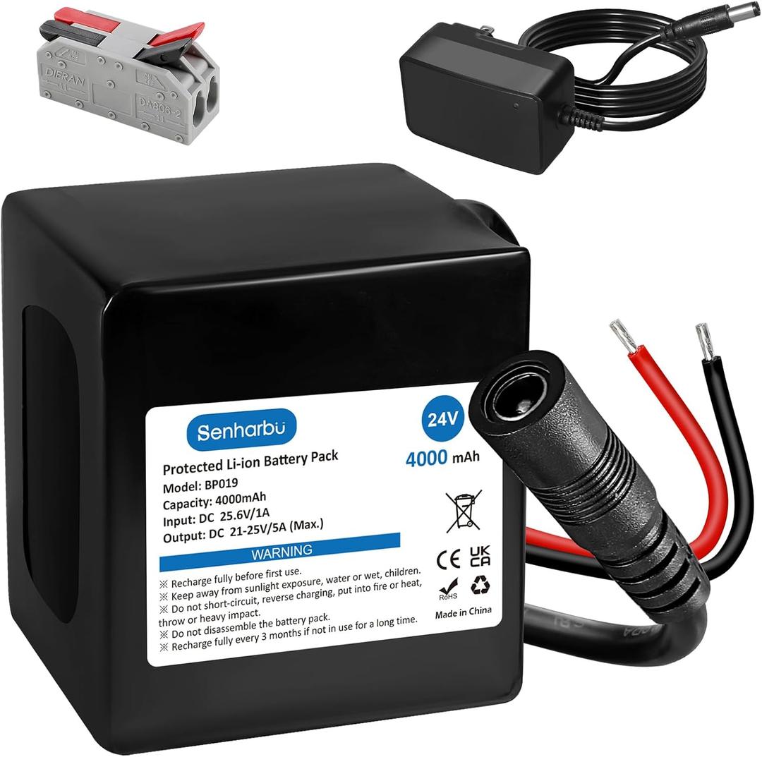 24V 4Ah Lithium Battery Replacement Rechargeable with Charger, Charging Cable, Cable Connector for DIY Projects