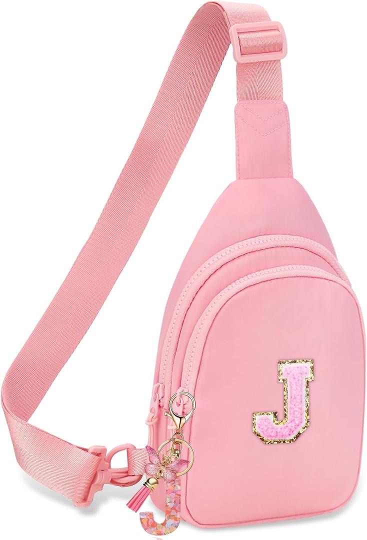 Birthday Gifts for for Girls Women- 7 8 9 10 11 12 13 Year Old Girls Small Initial Sling Bag Cross Body Bag Fanny Pack for Girls J (Pink)