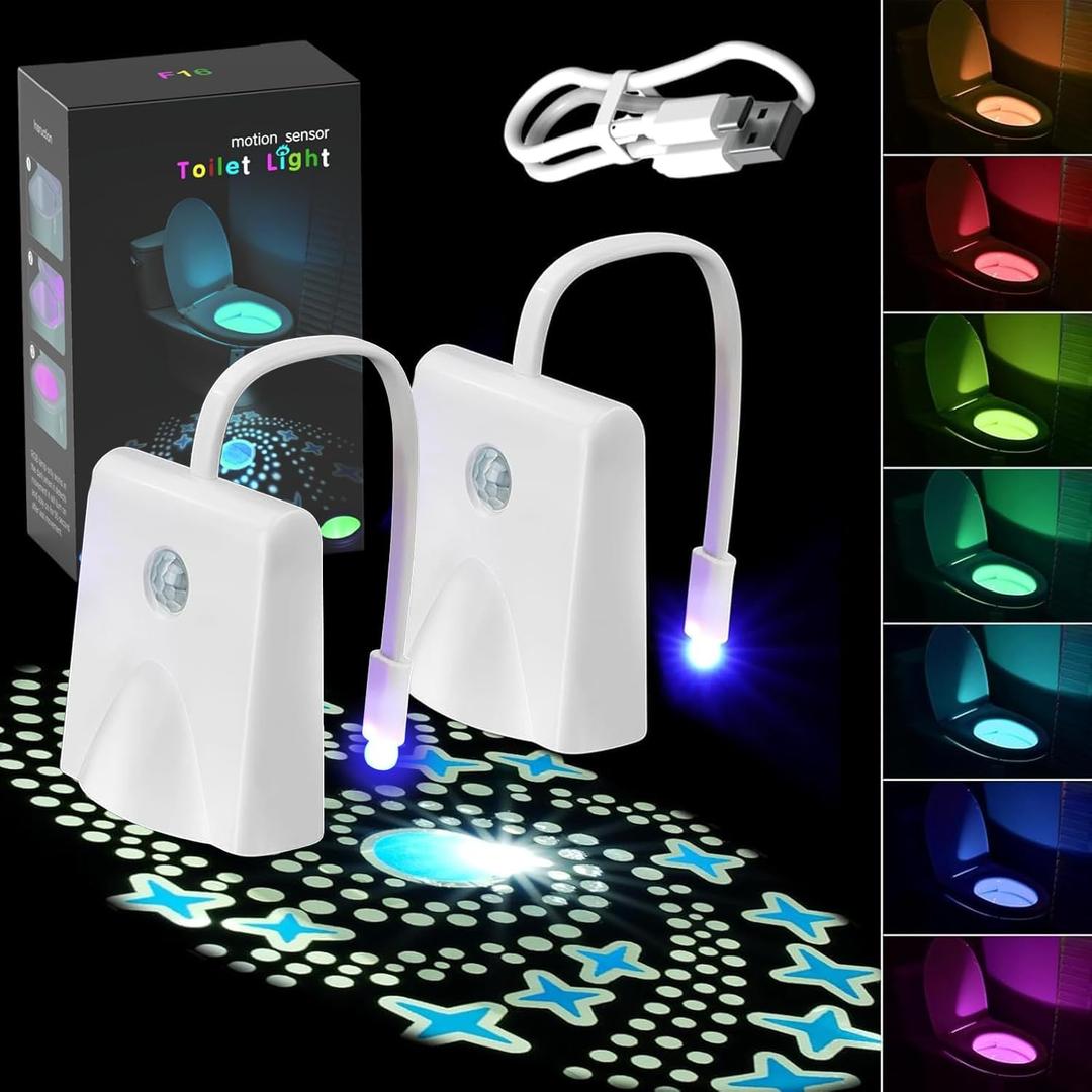 Toilet Light Motion Sensor, 16 Colors Changing Rechargable LED Night Light with Star Projection Light, Toilet Bowl Night Light for Bathroom, Funny Gift for Family and Friends (2)