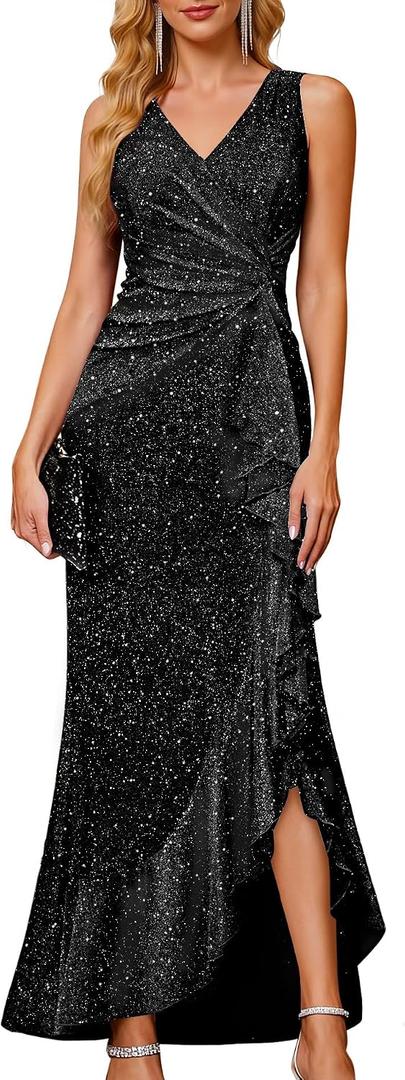 BeryLove Sequin Formal Wedding Guest Prom Cocktail Party Long Ruffle Dresses Sparkly Evening Mother of The Bride Dress (Black, XL)