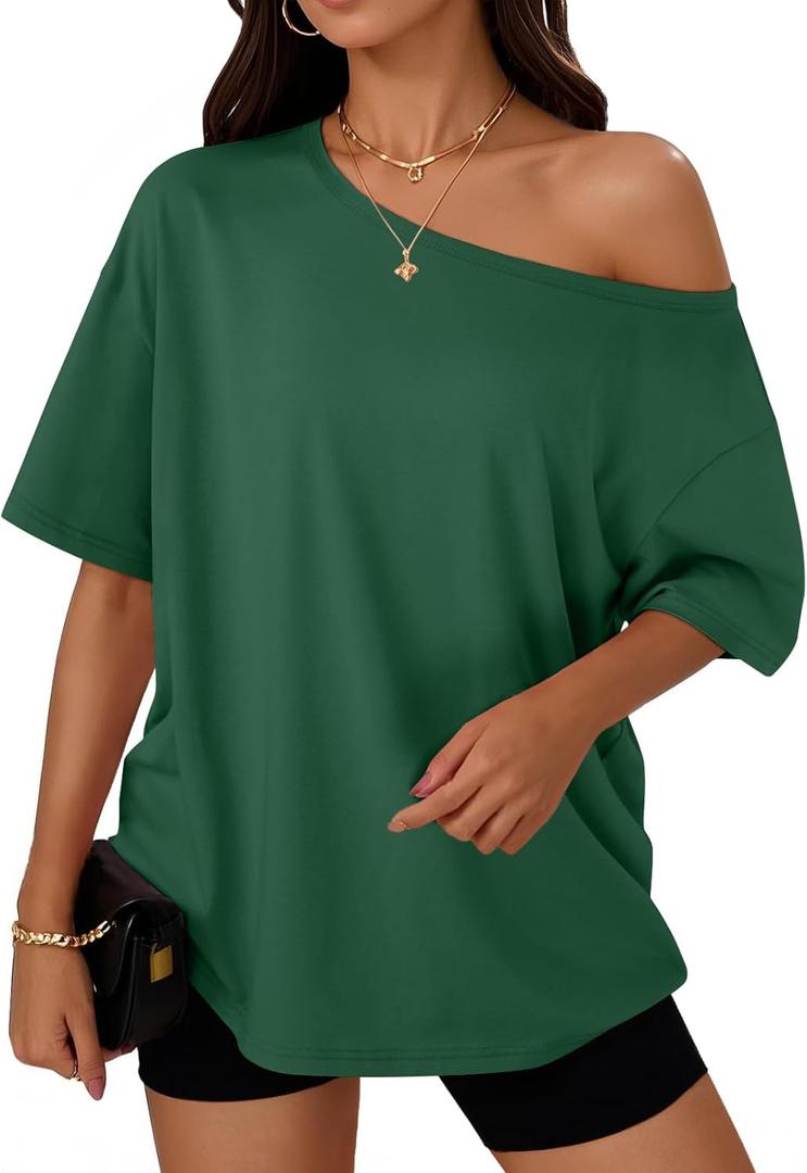 Trendy Queen Womens Off the Shoulder Tops Oversized T-Shirts Short Sleeve Tees Summer 2026 Casual Spring Clothes (Green, L)