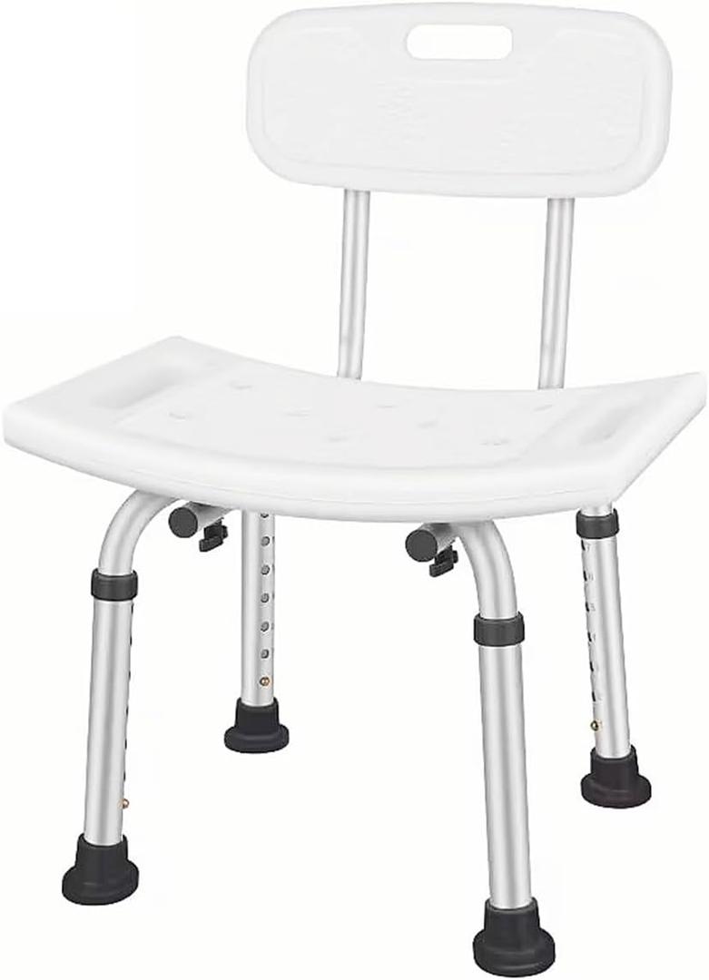 Bath Shower Safety Chair Seat with Backrest, Adjustable and Anti-Slip Bench Bathtub Stool for Elderly or Seniors (White ShowerChair with Backrest, White)
