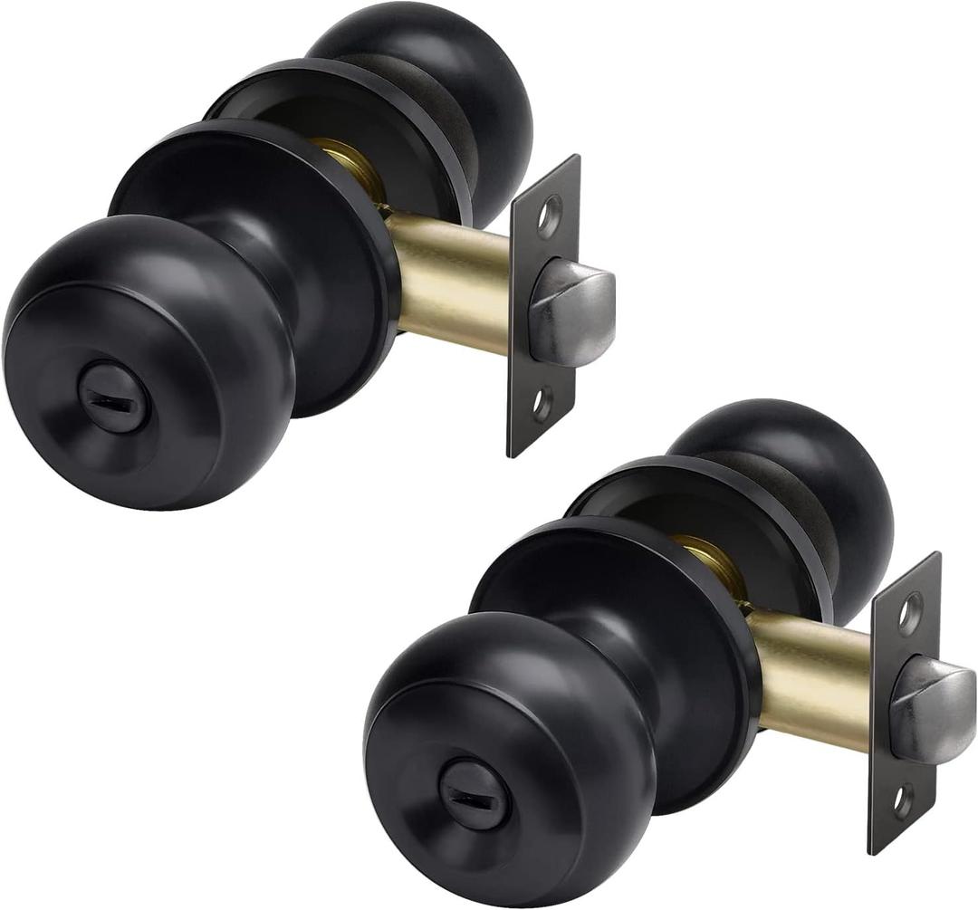 CML Hardware (2 Pack) Privacy Door Knob for Bedroom and Bathroom, Stainless Steel Keyless Door Locks for Bed/Bath, Round Ball Handle, Matte Black