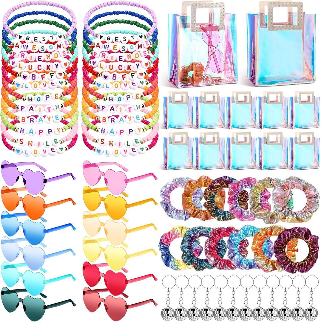 Geiserailie 72 Pcs/12 Set Kpop Party Favors Friendship Gifts Bead Bracelets Disco Ball Keychains Heart Sunglasses Scrunchies Bags for Party Supplies Birthday Decorations (Multicolor)