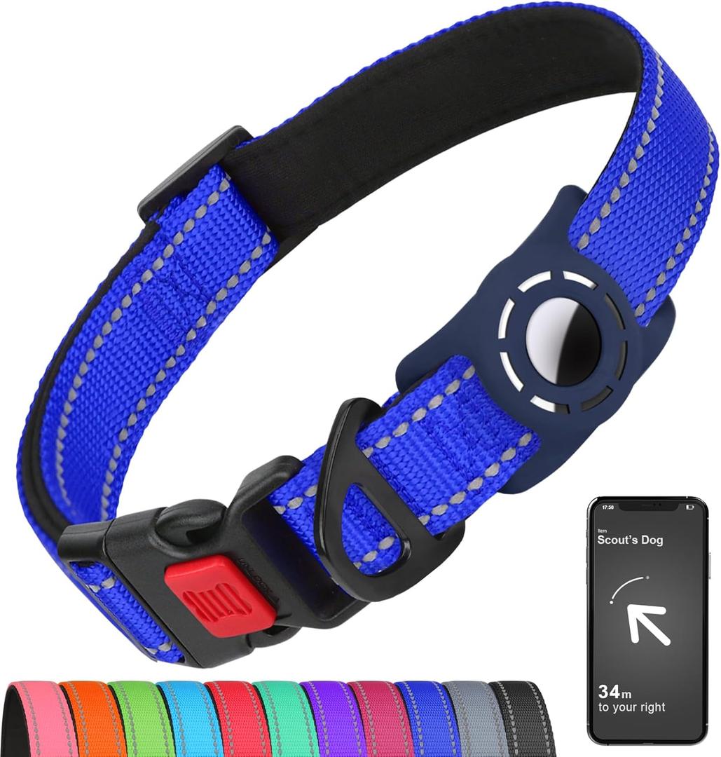 Airtag Dog Collar with AirTag Holder for Large Dogs, Reflective, Soft Padded & Safety Locking Buckle, Nylon Pet Collars Adjustable for All Breeds, NavyBlue,L (L: 1"-(13.5"-22"))