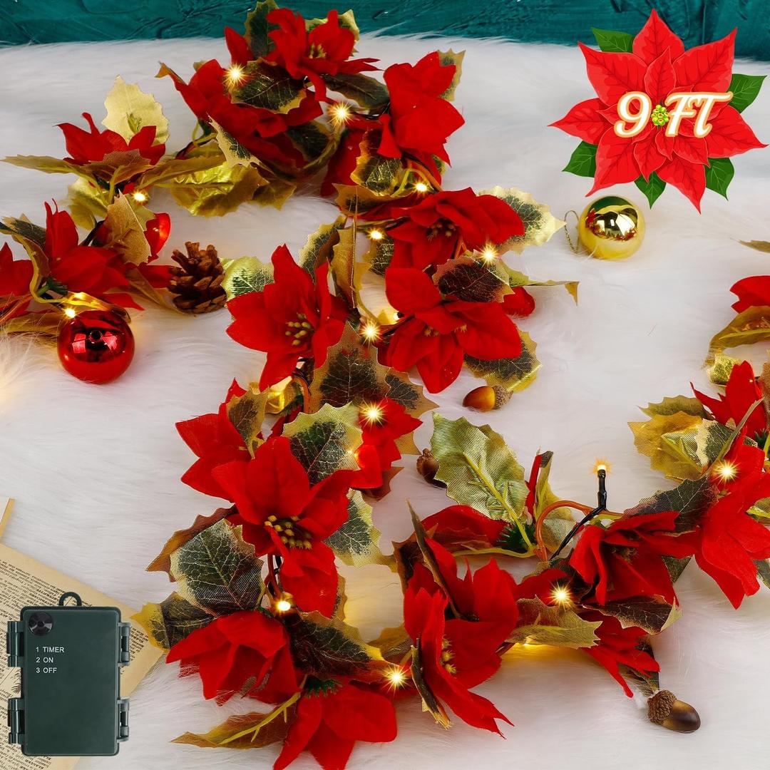 Christmas Poinsettia Garland, 9 FT Lighted Artificial Garlands with Red Flowers