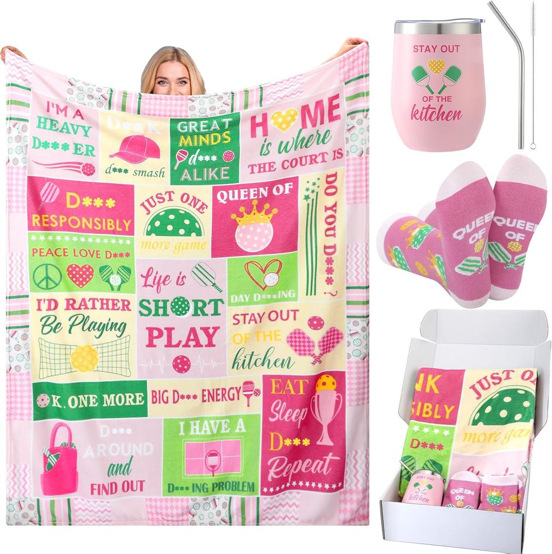 Patelai 5 Pcs Dink Ball Gifts for Women Funny Dinkball Blanket 12 oz Stainless Insulated Tumbler Novelty Socks Dinkball Lover Gift for Player Coach Christmas Birthday Mother Day (Pink, Green)