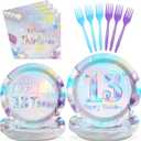 96Pcs 13th Birthday Decorations Iridescent 13th Party Plates and Napkins Disposable 350GSM Official Teen Birthday Tableware Set for Teen Girls Happy 13 Year Old Party Supplies, Serves 24