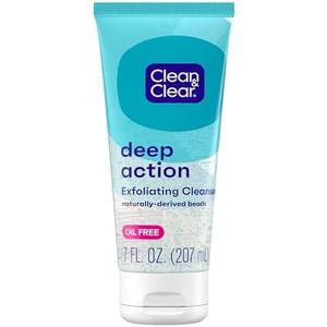 Clean & Clear Deep Action Exfoliating Facial Cleanser, Scrub & Face Wash, Pro-Vitamin B5, Lactic & Glycolic Acids, Oil-Free Gentle Daily Exfoliator for Soft, Smooth, Hydrated Skin, Vegan, 7 Fl Oz Tube