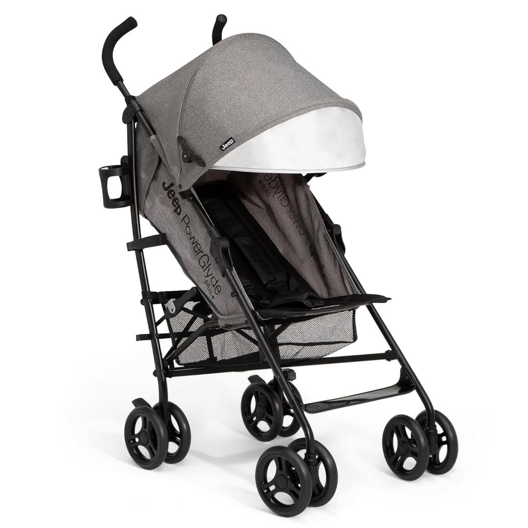 Jeep PowerGlyde Plus Stroller by Delta Children Lightweight Travel Stroller with Smoothest Ride, Aluminum Frame, 4-Position Recline, Extra Large Storage Basket, Grey