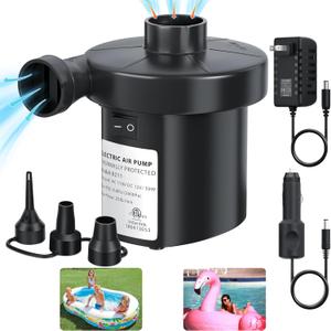 Air Pump Electric Air Pump for Inflatables Air Mattress Pump with 3 Nozzles Inflator Deflator for Air Beds Swimming Ring Inflatable Pool Toys 110V AC/12V DC (50W)