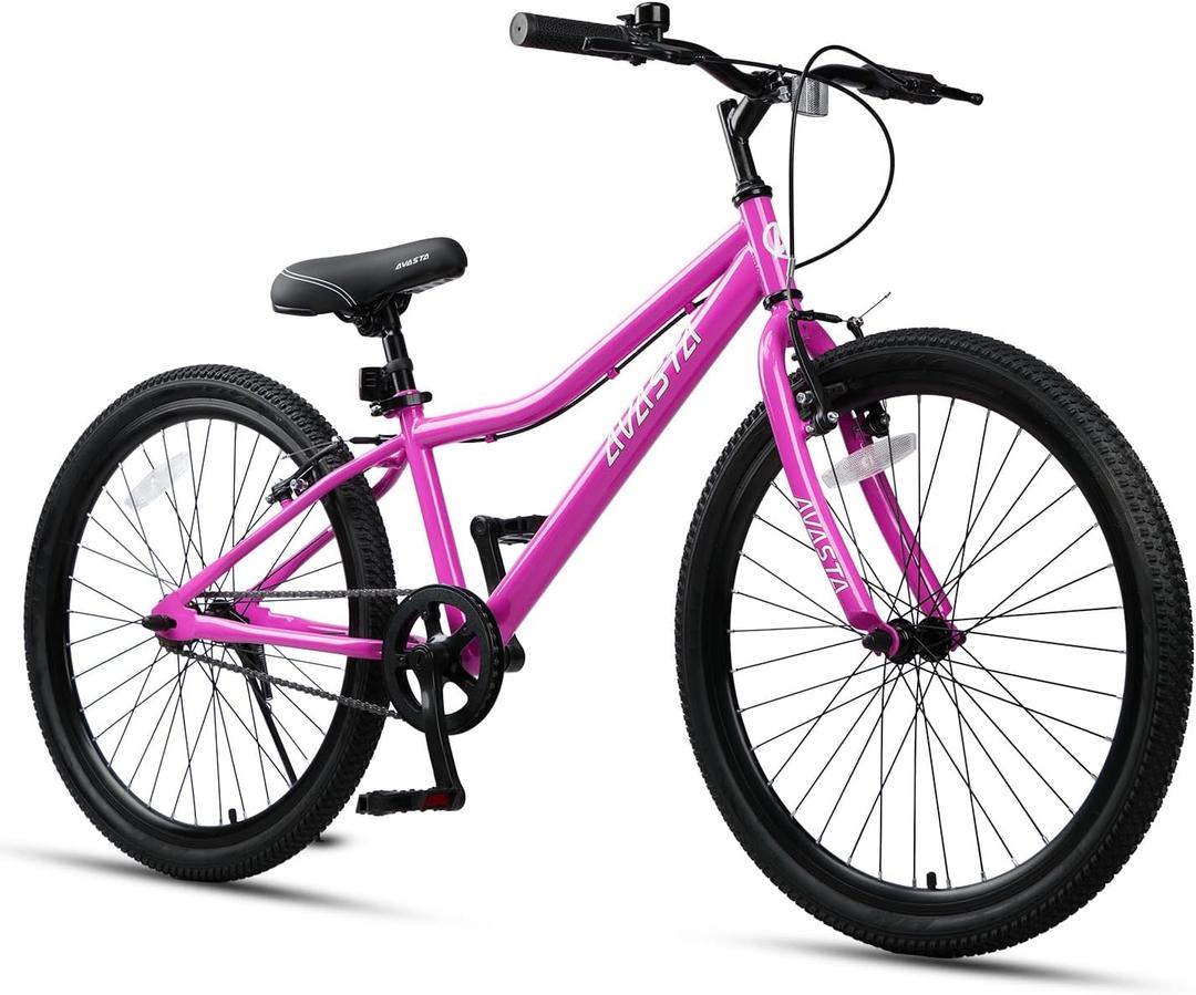 AVASTA Bilbo 24 Inch Kids Bike for Boys Girls 9 10 11 12 13 14 Years Old, Retro Style High Carbon Steel Bicycle with Adjustable Handlebars and Seat, Dual V-Brakes, Semi-Chain Guard, Kickstand, Plum Red