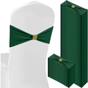 Hahafelt 100 Pcs Spandex Chair Sashes Bows with Rhinestone Ring Buckle Slider Elastic Universal Bowknot Chair Cover Bands Ties for Wedding Banquet Ceremony Event Party Decoration(Dark Green)
