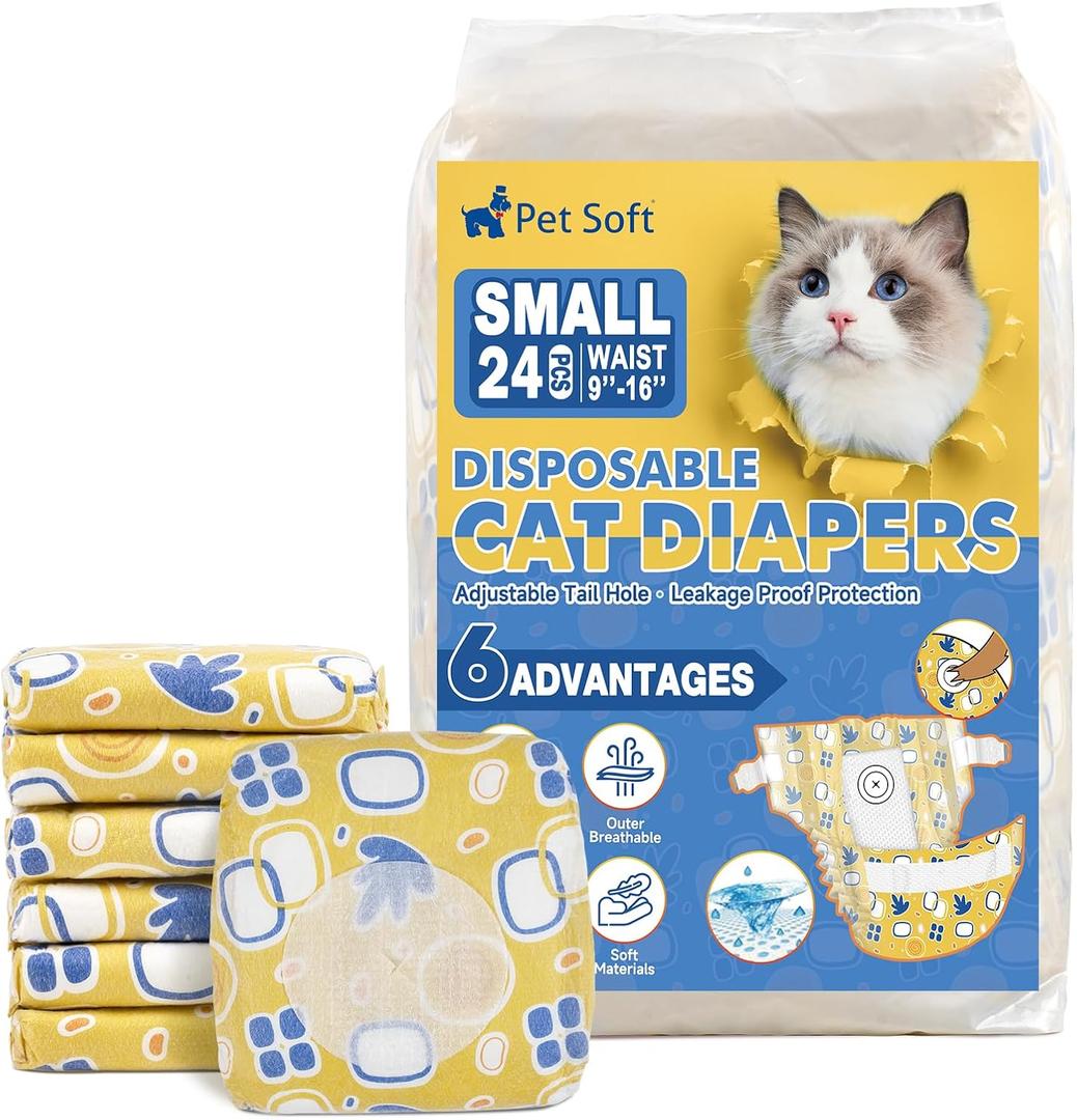 Pet Soft Disposable Cat Diapers - Diaper for Female & Male Cats, Puppy Doggie Diapers for Female Dogs with Adjustable Foam Tail Hole, Small (24Pcs, Yellow)
