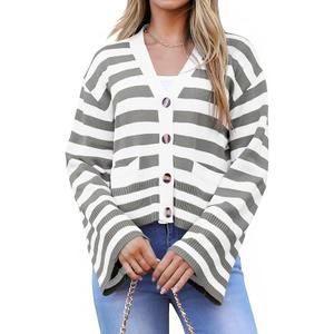 Saodimallsu Womens Striped Cardigan Sweaters Cropped Fall Button Open Front Long Sleeve Knit Sweater Coat with Pockets Medium
