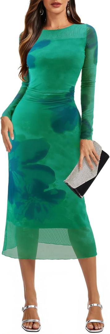 Dressystar Womens Long Sleeve Maxi Cocktail Dress 2025 Fall Ruched Floral Print Bodycon Mesh Formal Wedding Guest Dresses (XX-Large, Green Blue Flower)