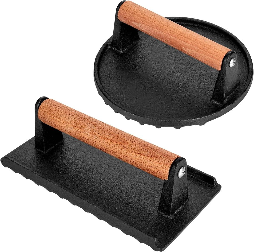 Blackstone Burger Press Set - 7" Round smash burger press & 8.3"x4.3" Rectangle Cast Iron Grill Press with Wooden Handle - Smasher is perfect for Blackstone Griddle, Pitboss Weber Griddle Grills (Round & Rectangle)